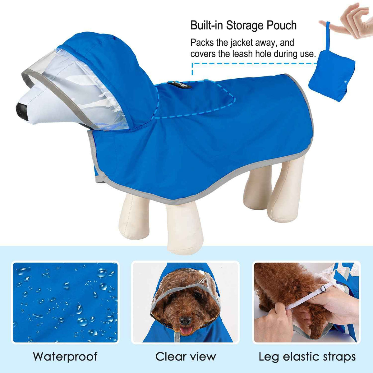 Dog Raincoat Waterproof Jacket with Clear Hood & Leash Hole (Blue / 3X-Large)