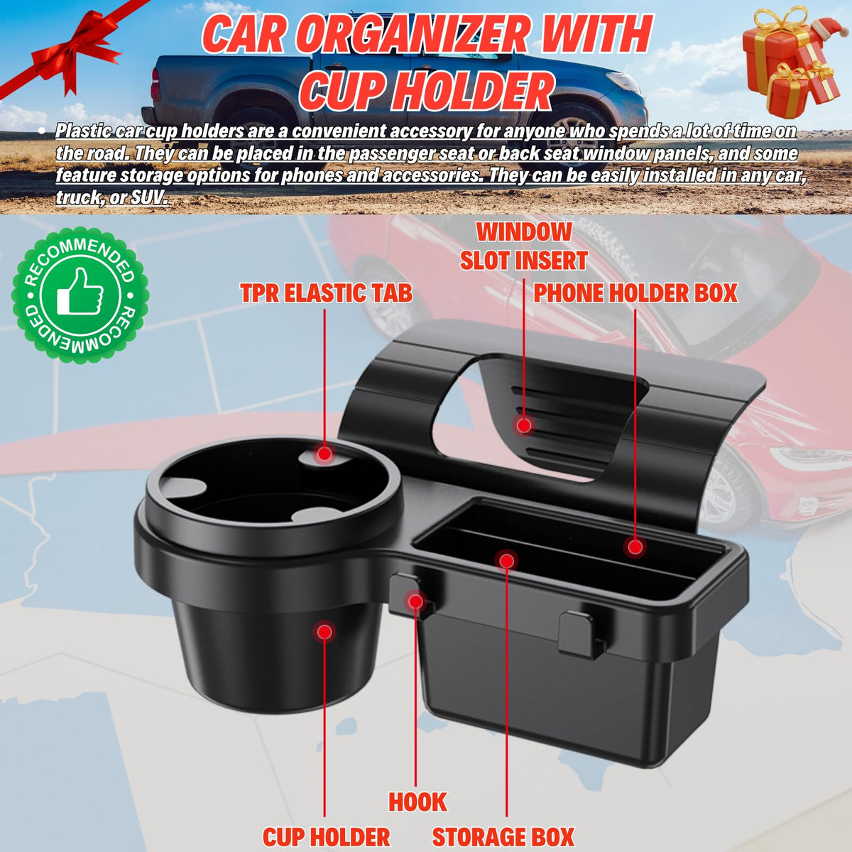 Extra Hanging Car Door Window Drink Coffee Cup Holder with Storage Organizer Tray (Car Door Cup Holder & Coin Organizer)