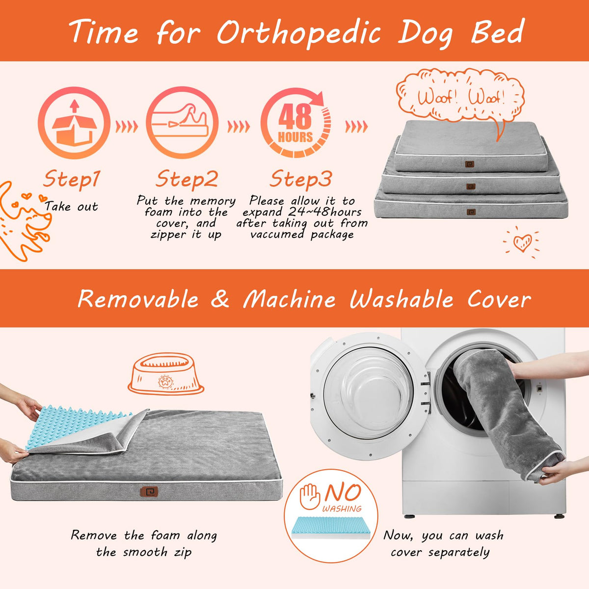 Large Washable Dog Crate Bed with Memory Foam (Grey / 35*23*3 Inches)