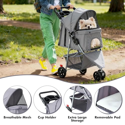 3 Wheels Pet Stroller for Small Dogs and Cats (Grey / 29.2"x17.7"x 39.4")