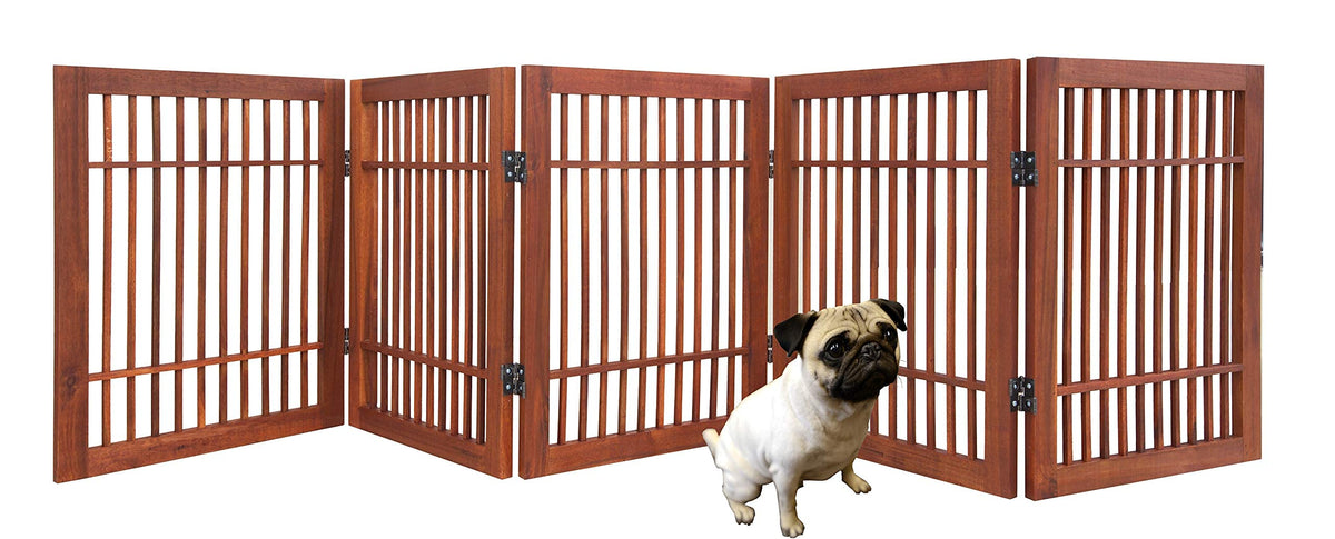 Freestanding Wooden Dog Gate Foldable Indoor Pet Gate No Drill Expandable Barrier for Doorways Stairs Hallways Portable Wood Fence for Small Dogs & Puppies (5 Panel 24" Tall / Brown Pet Gate)