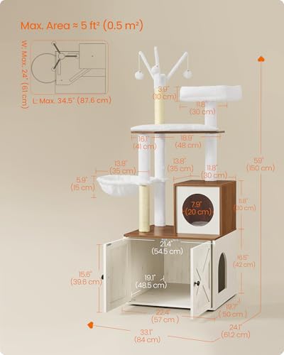 Cat Tree with Litter Box Enclosure (Rustic White + Honey Brown)