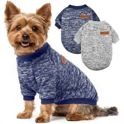 2 Pack Dog Sweaters for Small Dogs Girl Boy Winter Fleece Clothes Warm Soft Dog Sweatshirt Outfit for Dogs Cats Pet Apparel (Grey+Navy Blue / M (Back: 13.7", Chest: 17.7", 10-14 lbs))