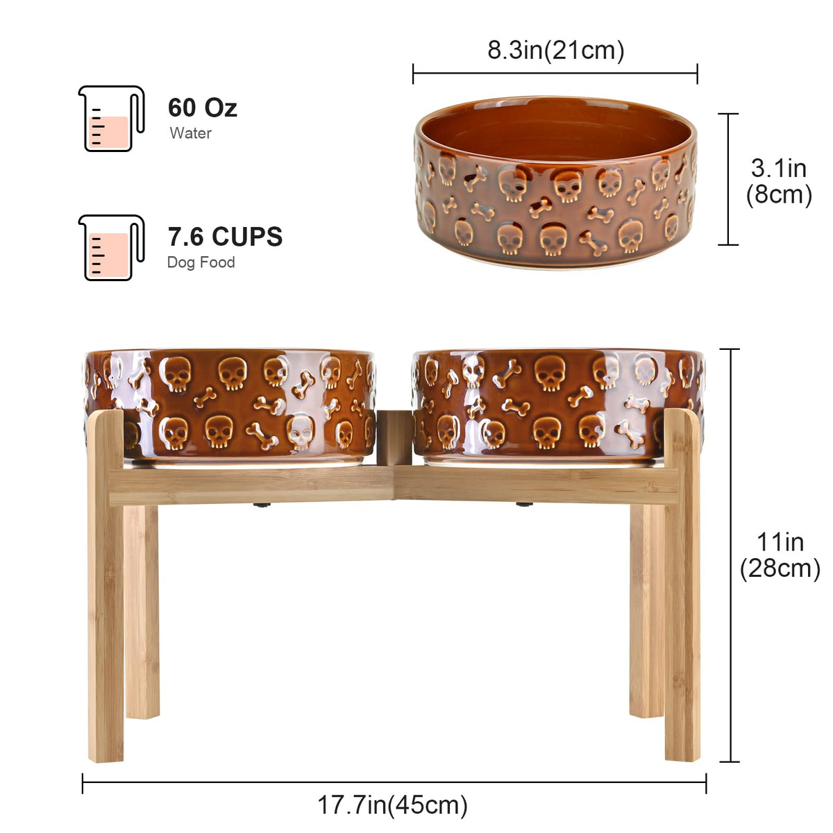 Elevated Dog Bowls Ceramic (8.3 in - 7.6 cups / Bronze - Skull)
