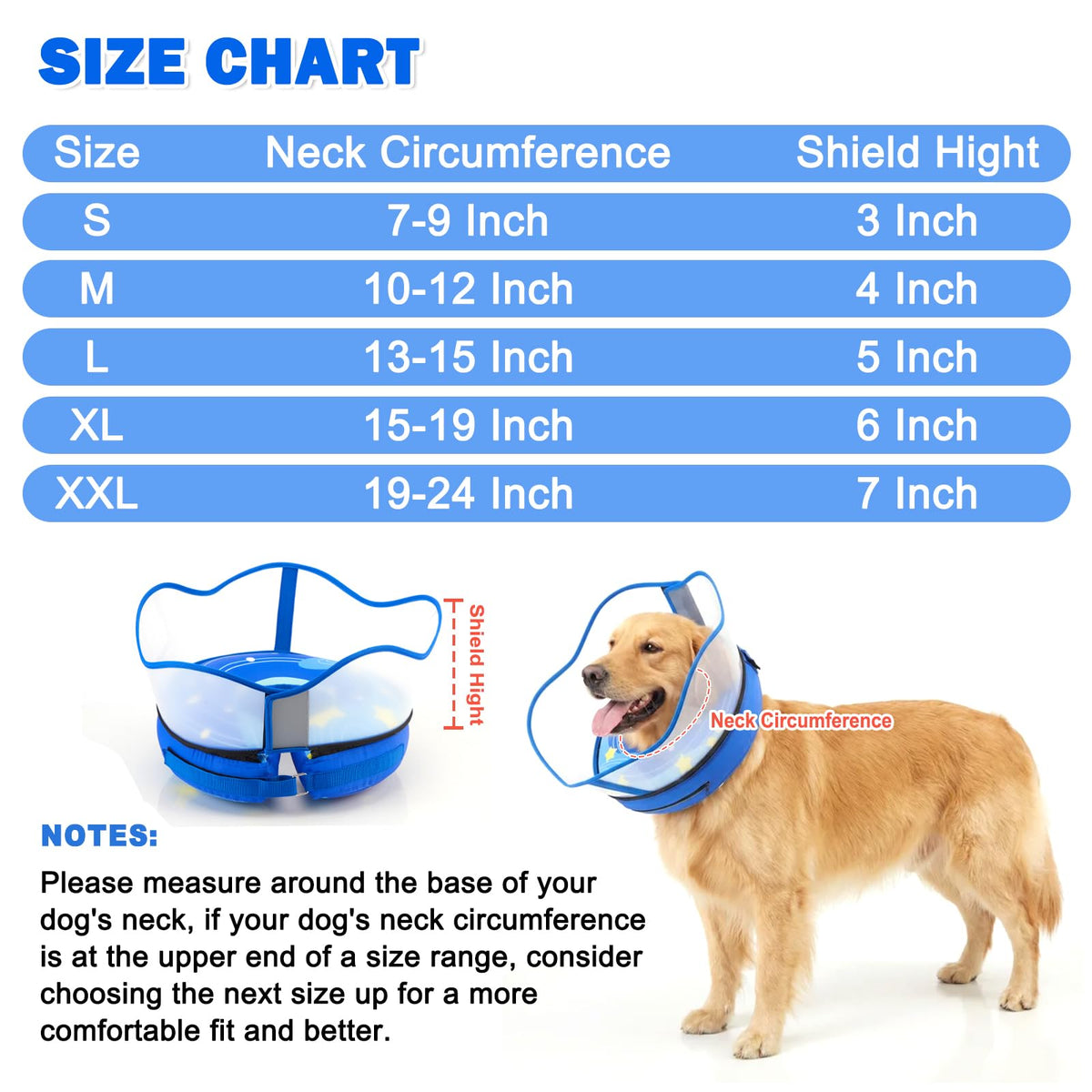 Inflatable Dog Cone Collar with Removable Clear Protective Shield (RoyalBlue / L (Neck 12.5"-15"))