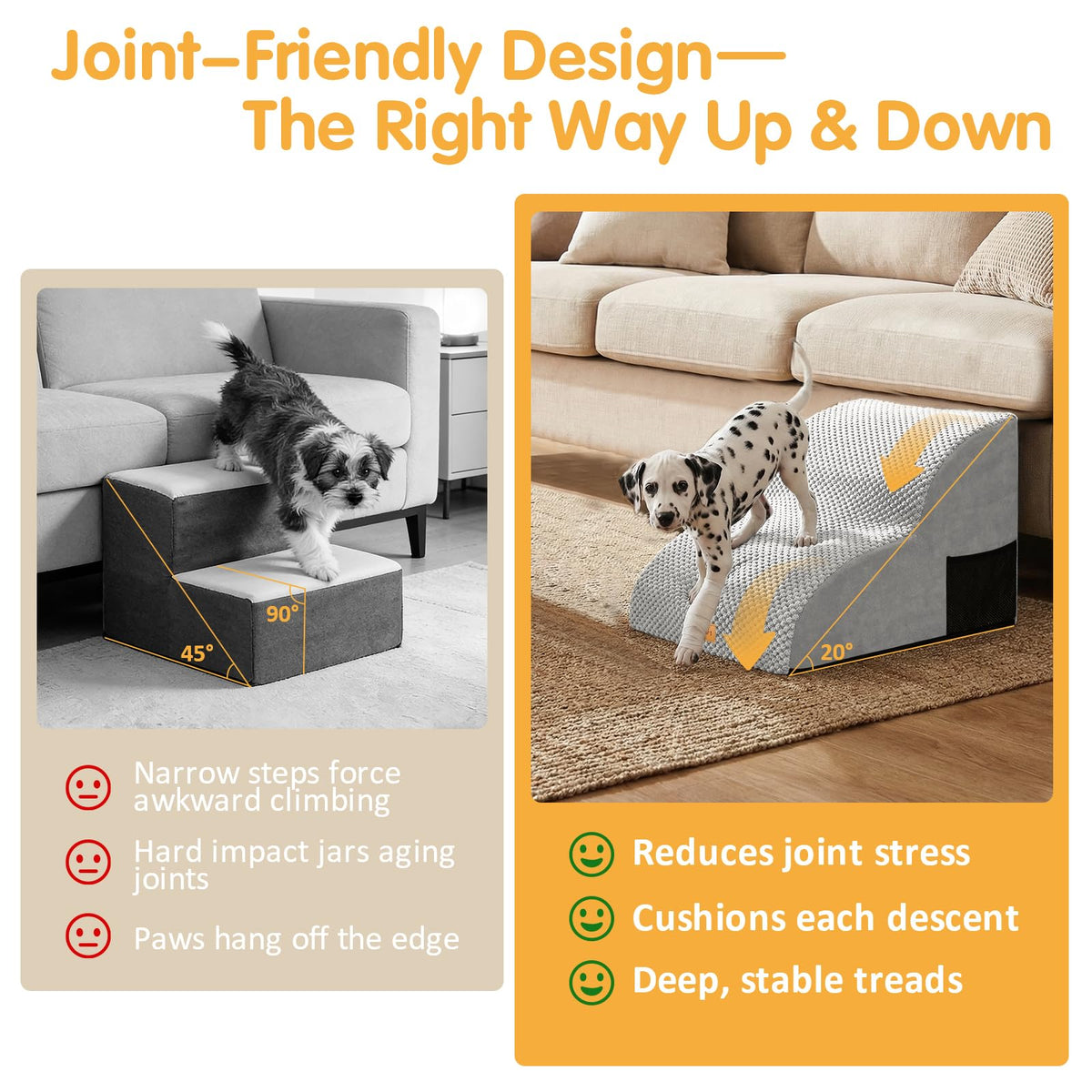 High Density Extended Foam Dog Ramp&Steps 2 Tiers (Light Grey / 21.7*15.7*11.8)