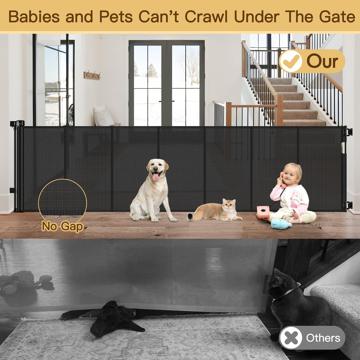 Reinforced 200 Inch Extra Wide Retractable Baby Gates to Prevent Crawling Through (Black / 37" Tall x 200" Wide（ With Reinforced Bar ）)