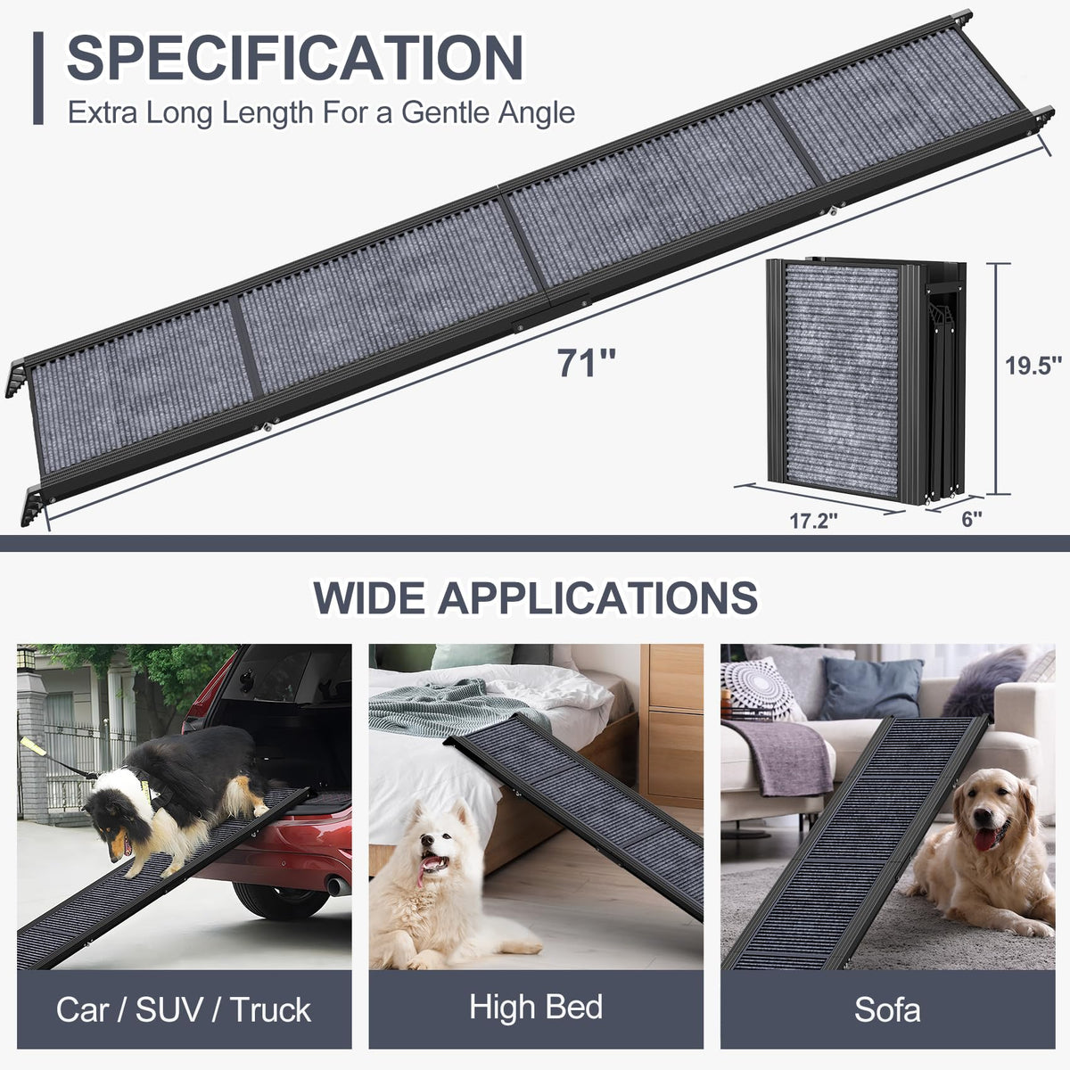Dog Ramp for Car 71" L × 17.2" W (Upgraded 71" L x 17.2" W)