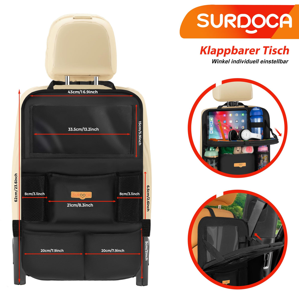 Backseat Car Organizer with Foldable Tray for Kids & Adults (Black (2 Pack))