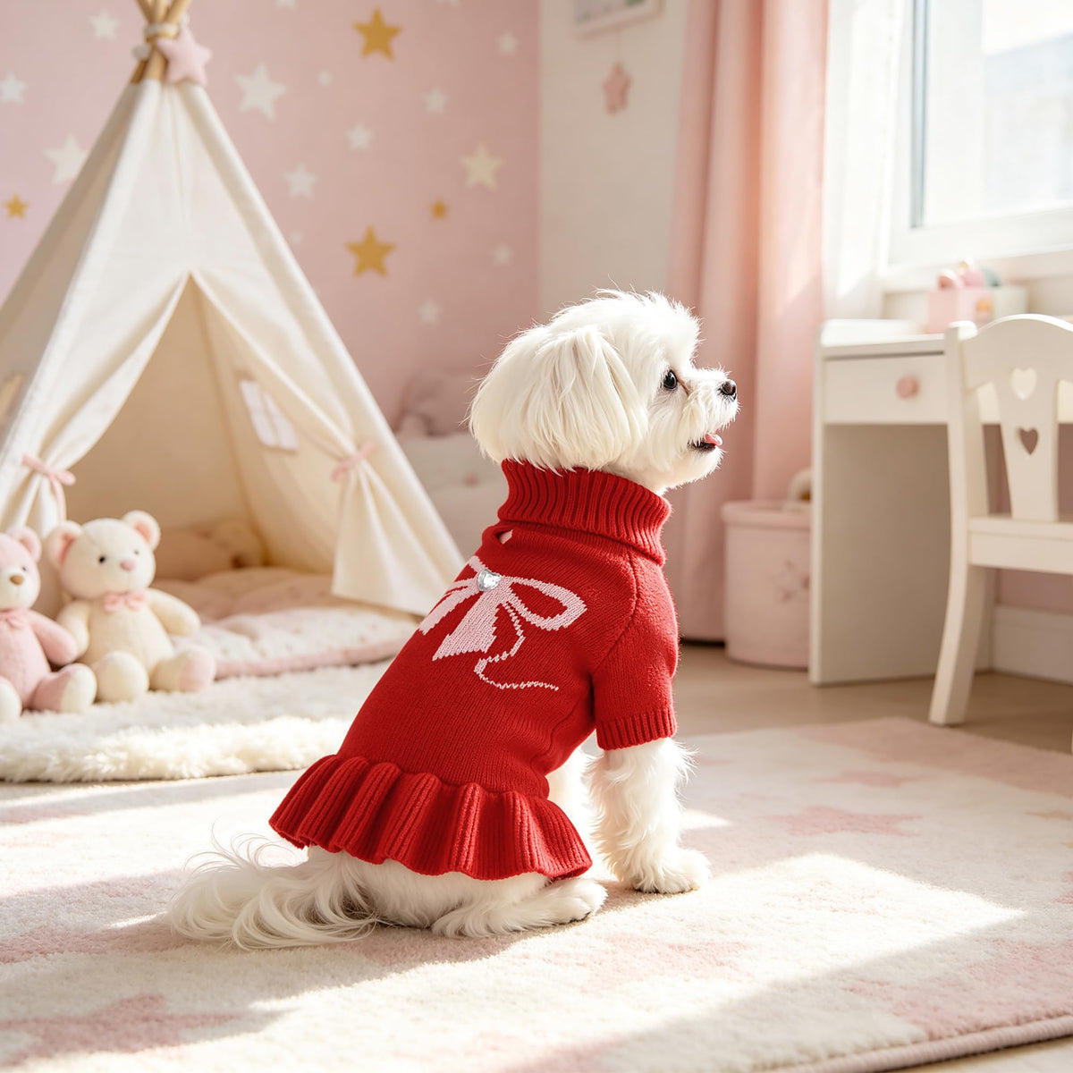 Bowknot Dog Sweater Dress for Small Dogs Girl (Medium (8-14lbs) / Red)