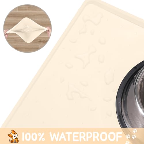 Silicone Cat & Dog Food Mat for Floors Waterproof (Beige / 18"L x 12"W)
