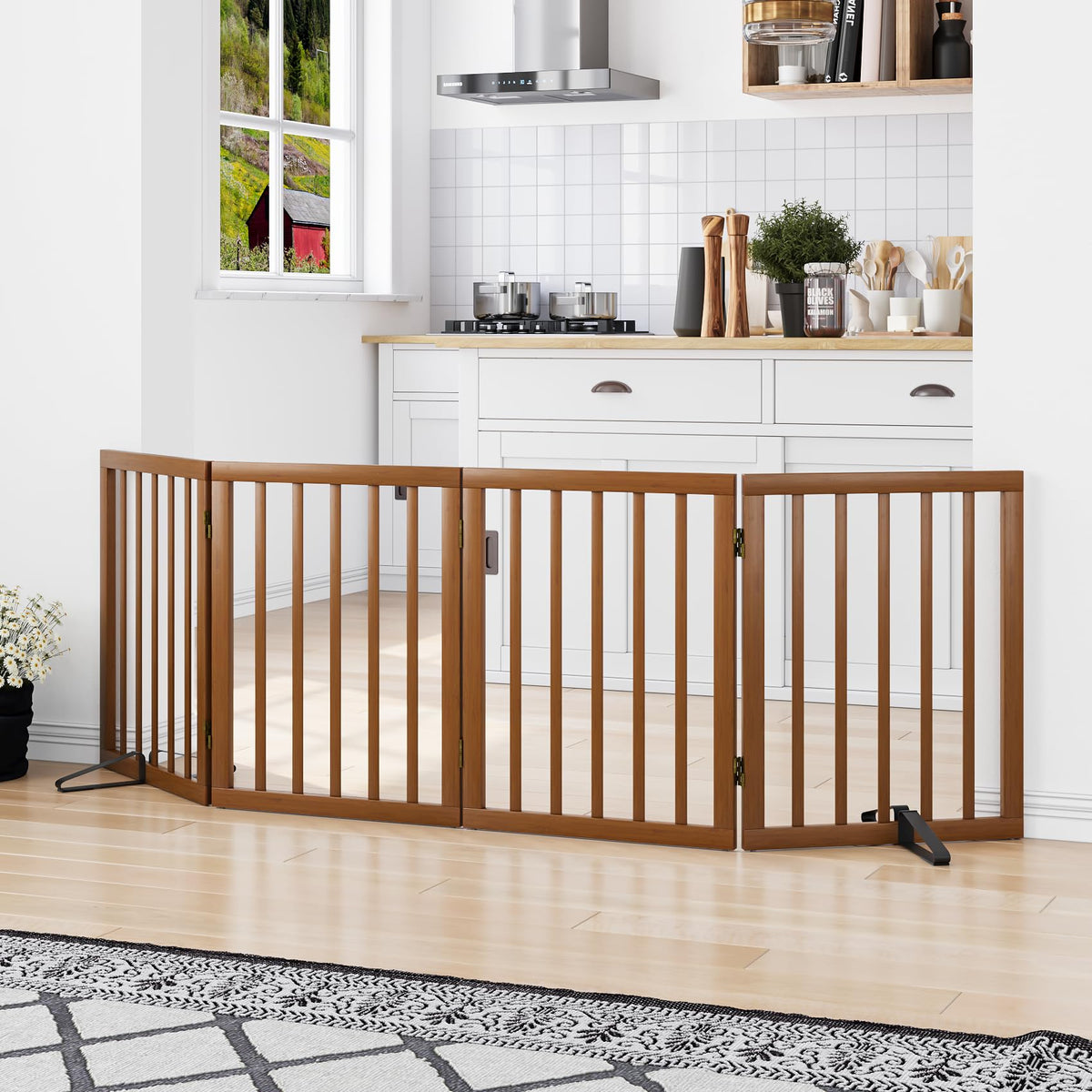 Freestanding Pet Gate Foldable 4 Panel Dog Gate Walnut Dog Gates for Stair Doorways House Indoor (Walnut / 4 Panel - 74 inches Wide)