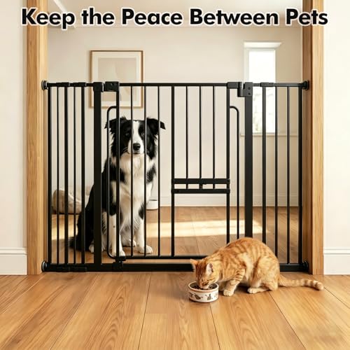 Pet Gate with Cat Door (Matte Black / 29.5-42.5"Wide,30"Tall)