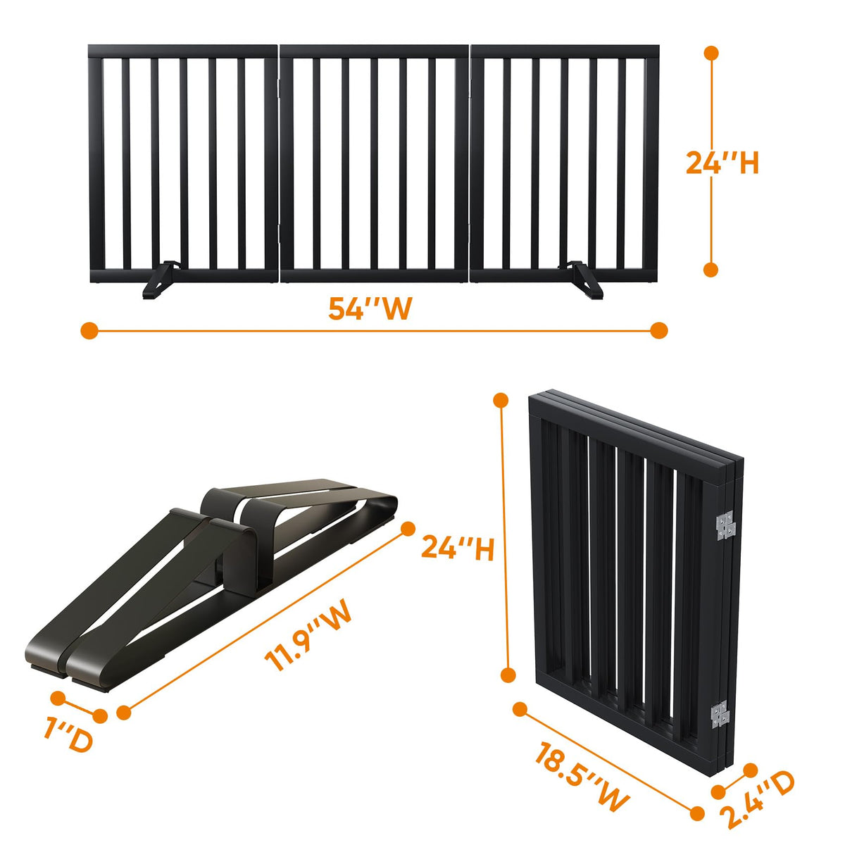 Black 18 55" Foldable Pet Gate for Stairs & Doorways (Bamboo Dog Gate Black / 3 Panel - 55 inches Wide)