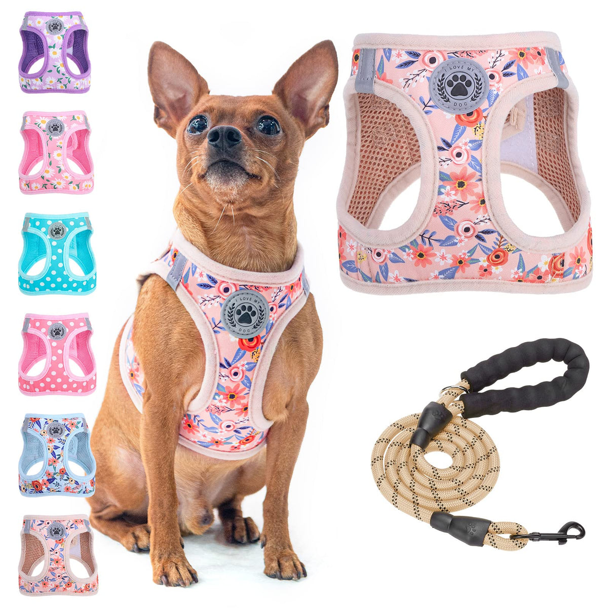 Small Dog Harness and Leash Set (XX-Small(Chest Girth 11.5"-13") / Pink Rose)