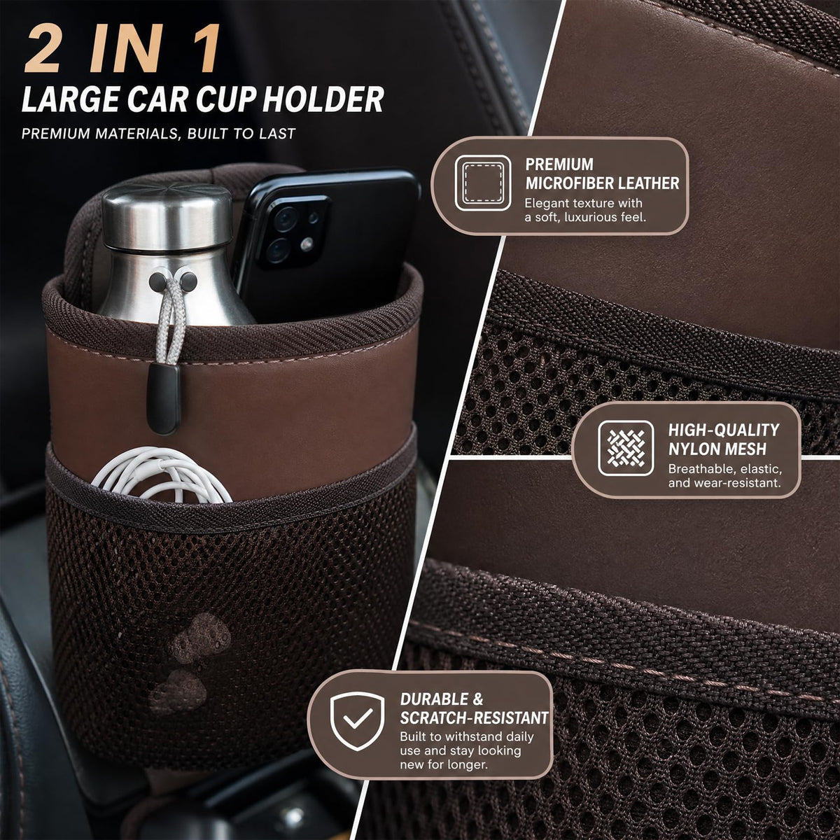 2-in-1 Large Cup Holder, Car Seat Side Organizer, Car Seat Side Large Cup Holder Expander Adapter Bag, Auto Organizer Accessories Car Stuff Holder with Mesh Pocket for Phone & Drink (Brown)