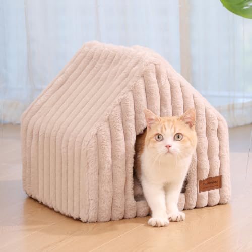 Cat Bed Cave Enclosed Washable Covered Dog Bed with Support Frame (Pink Beige / 15 Inch (Cats up to 12 lbs, Dogs up to 7 lbs))