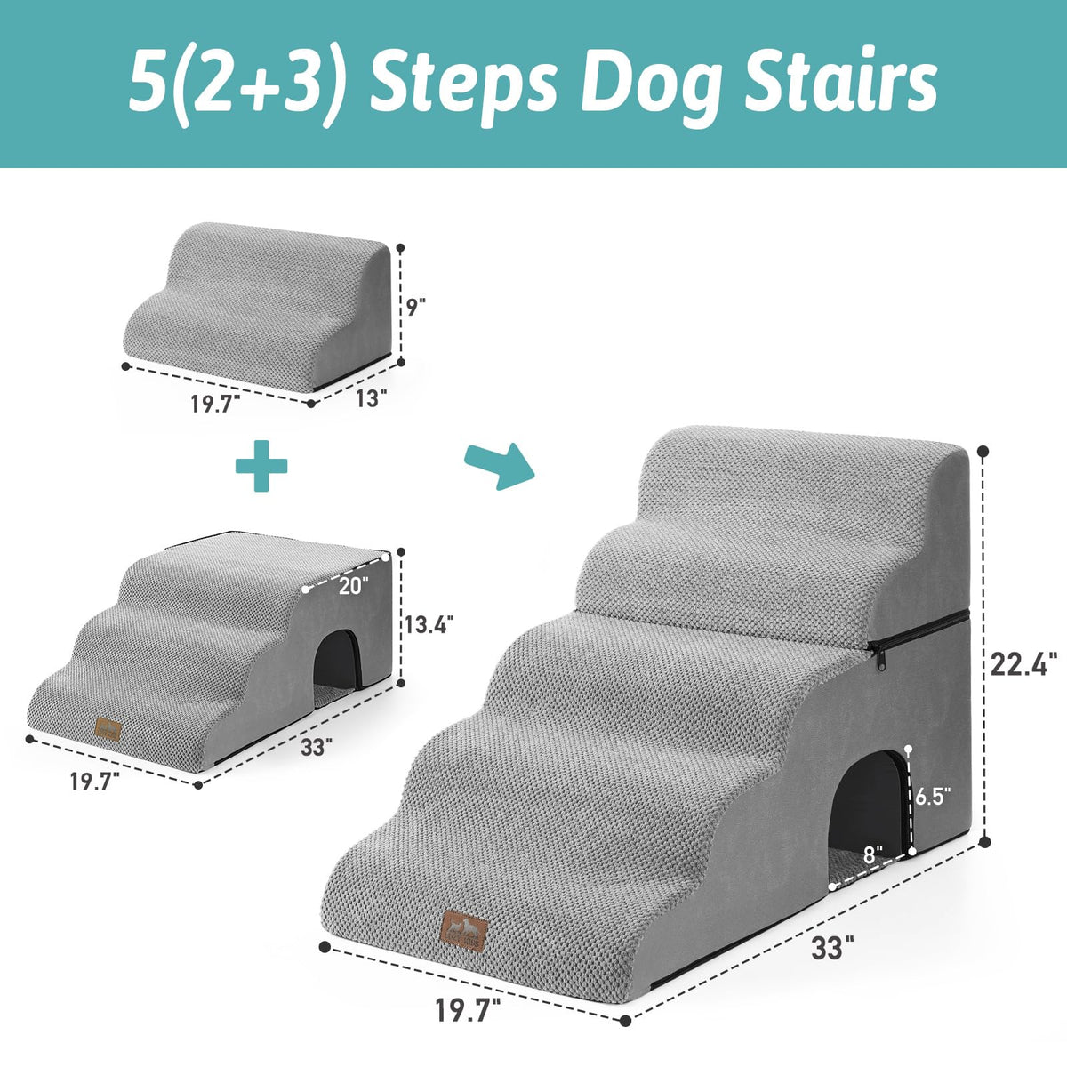 Extra Wide Small Dog Stairs with Tunnel (Grey / Detachable 19.7" x 33" x 22.4")