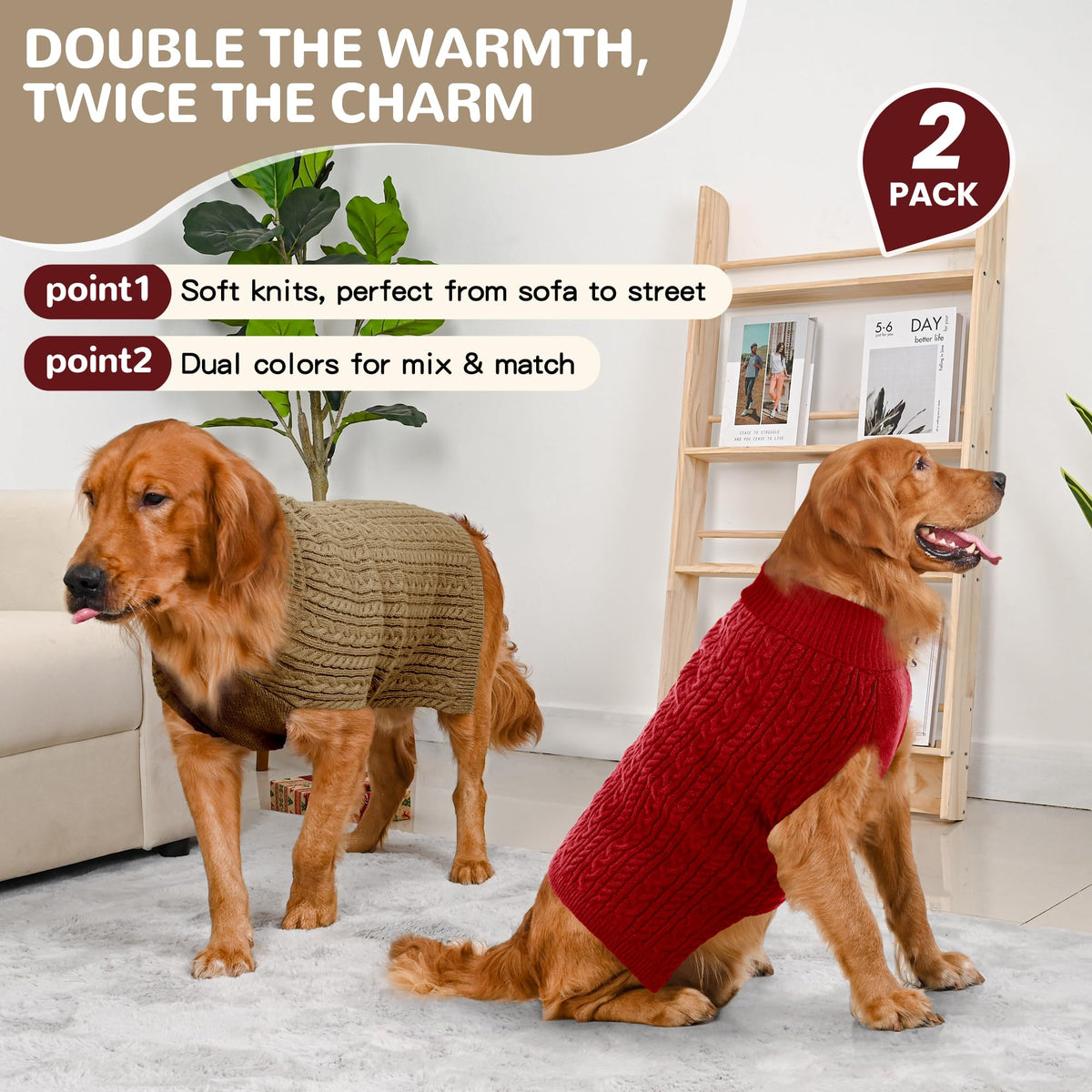 Dog Sweater 2 Pack for Large Dogs (Red & Brown / XXX-Large)