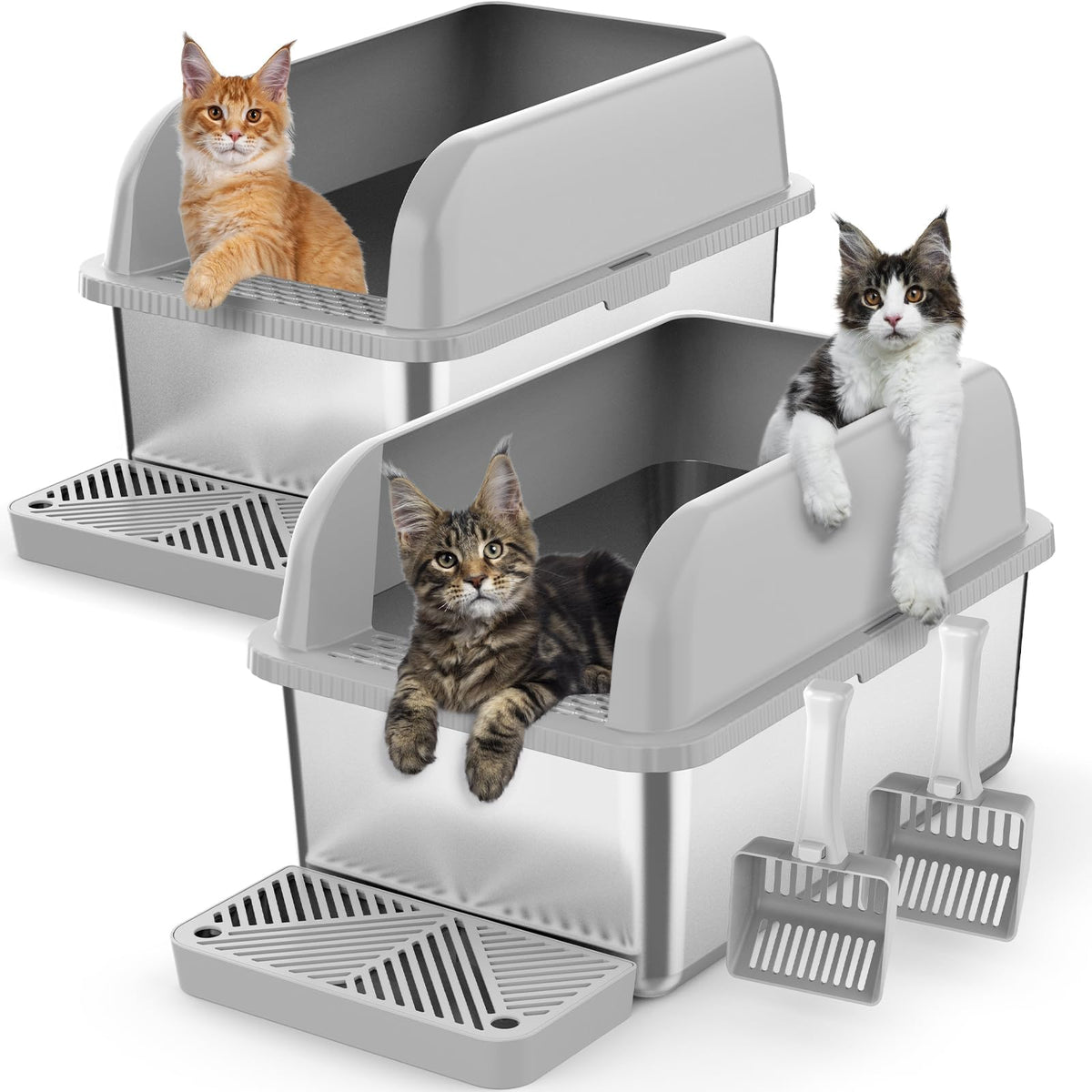 2 Pack 8" Deep Enclosed Stainless Steel Litter Box for Multi (2PK Light Grey / X-Large)
