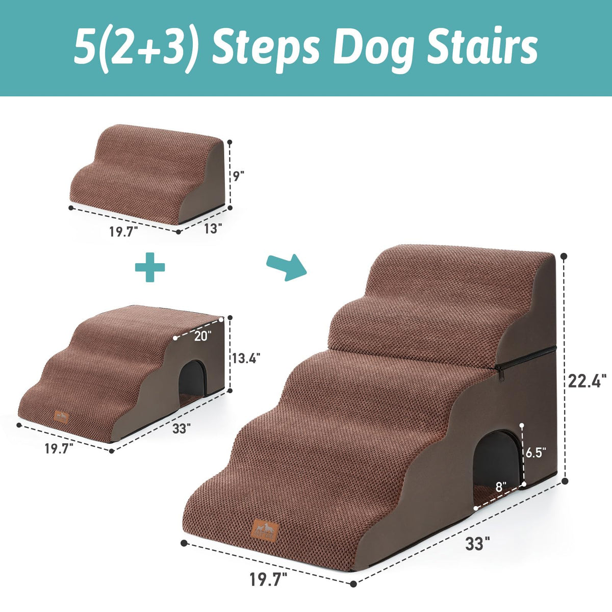 Extra Wide Small Dog Stairs with Tunnel (Brown / Detachable 19.7" x 33" x 22.4")