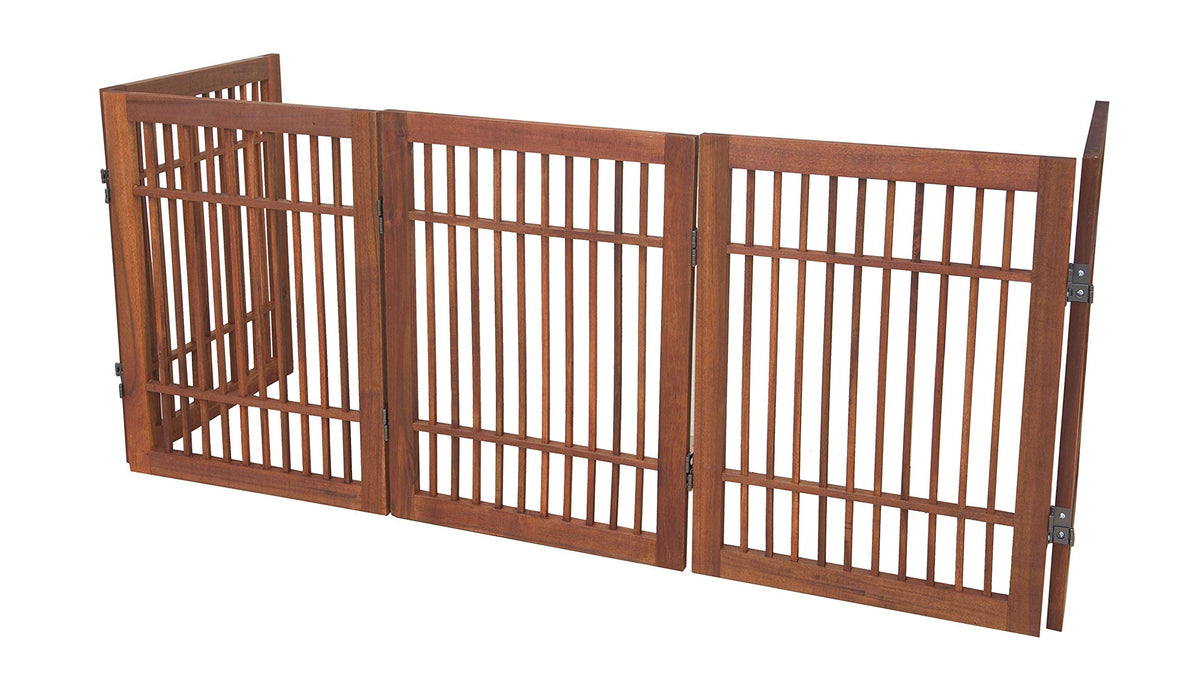 Freestanding Wooden Dog Gate Foldable Indoor Pet Gate No Drill Expandable Barrier for Doorways Stairs Hallways Portable Wood Fence for Small Dogs & Puppies (5 Panel 24" Tall / Brown Pet Gate)