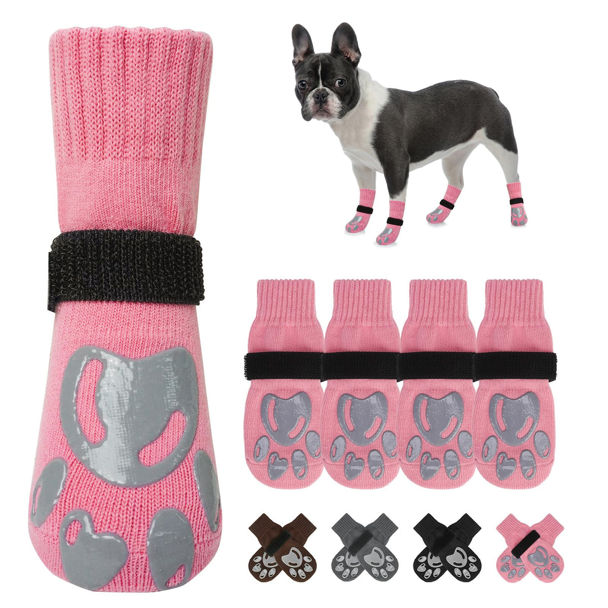 Dog Socks to Prevent Licking Paws Double Sided Grip Traction (Pink(Paw) / S(1.8"-2.0" W | Pack of 4))