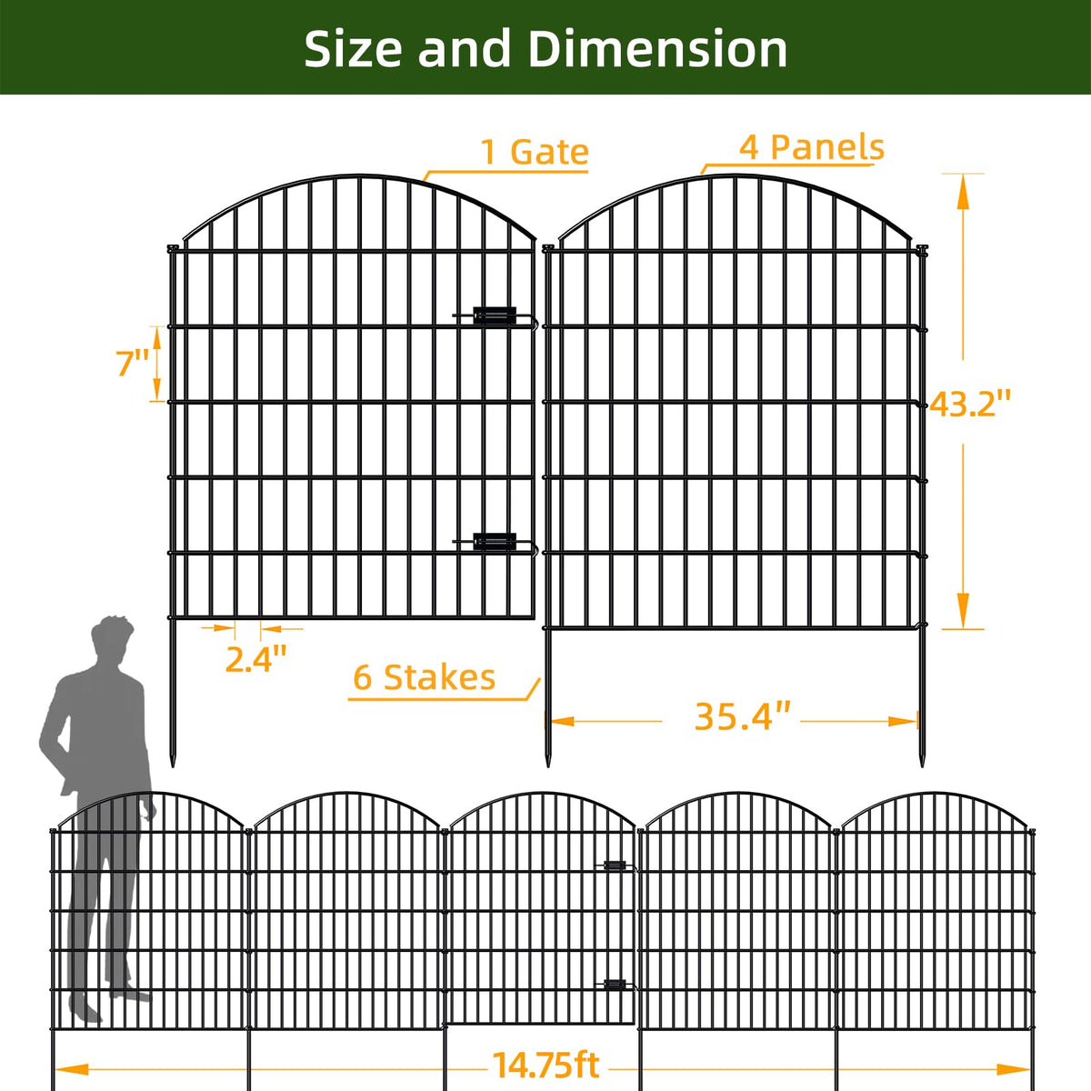 Heavy Duty Metal Garden Fence with Gate 43.2 in x 14.75ft (43.2"Hx14.75ft (Heavy Duty With Gate))