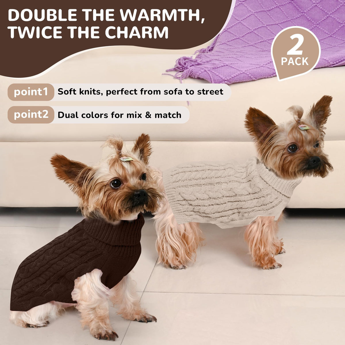 Dog Sweater 2 Pack for Small Dogs (Oatmeal & Brown / X-Small)