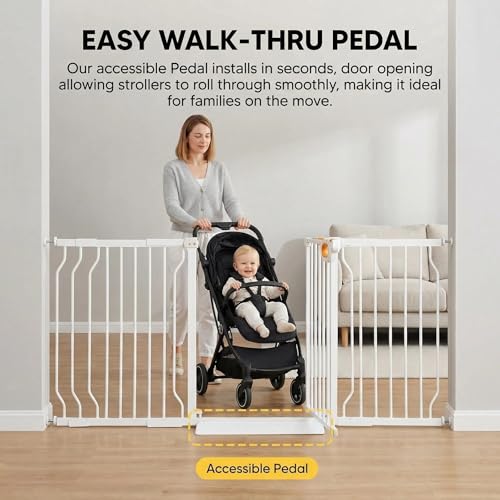 62.2 66.9 Inch Extra Wide Baby Gate with Door for Stairs Doorways (White / 62.2-66.9inch)
