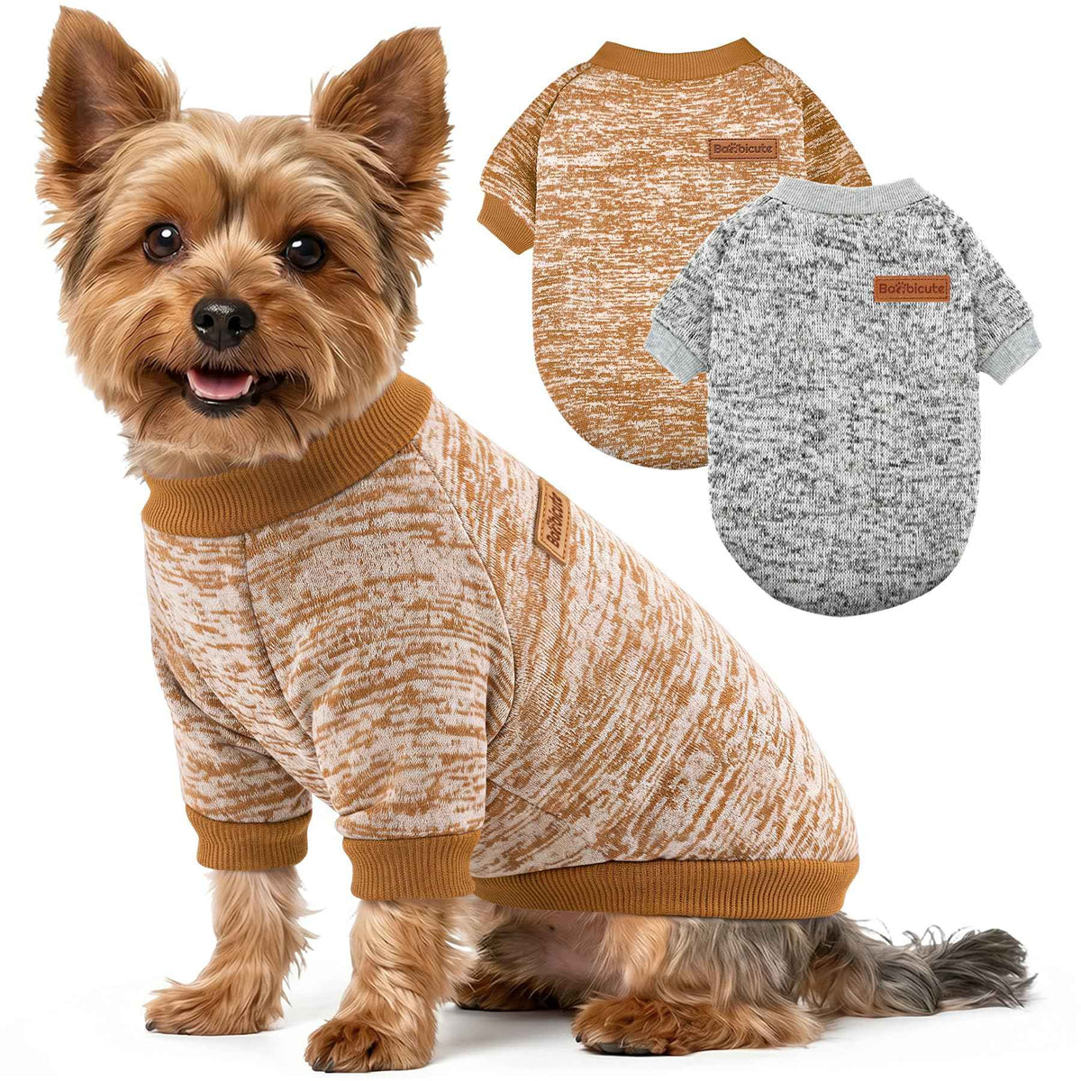 2 Pack Dog Sweaters for Small Dogs Girl Boy Winter Fleece Clothes Warm Soft Dog Sweatshirt Outfit for Dogs Cats Pet Apparel (Khaki+Gray / M (Back: 13.7", Chest: 17.7", 10-14 lbs))