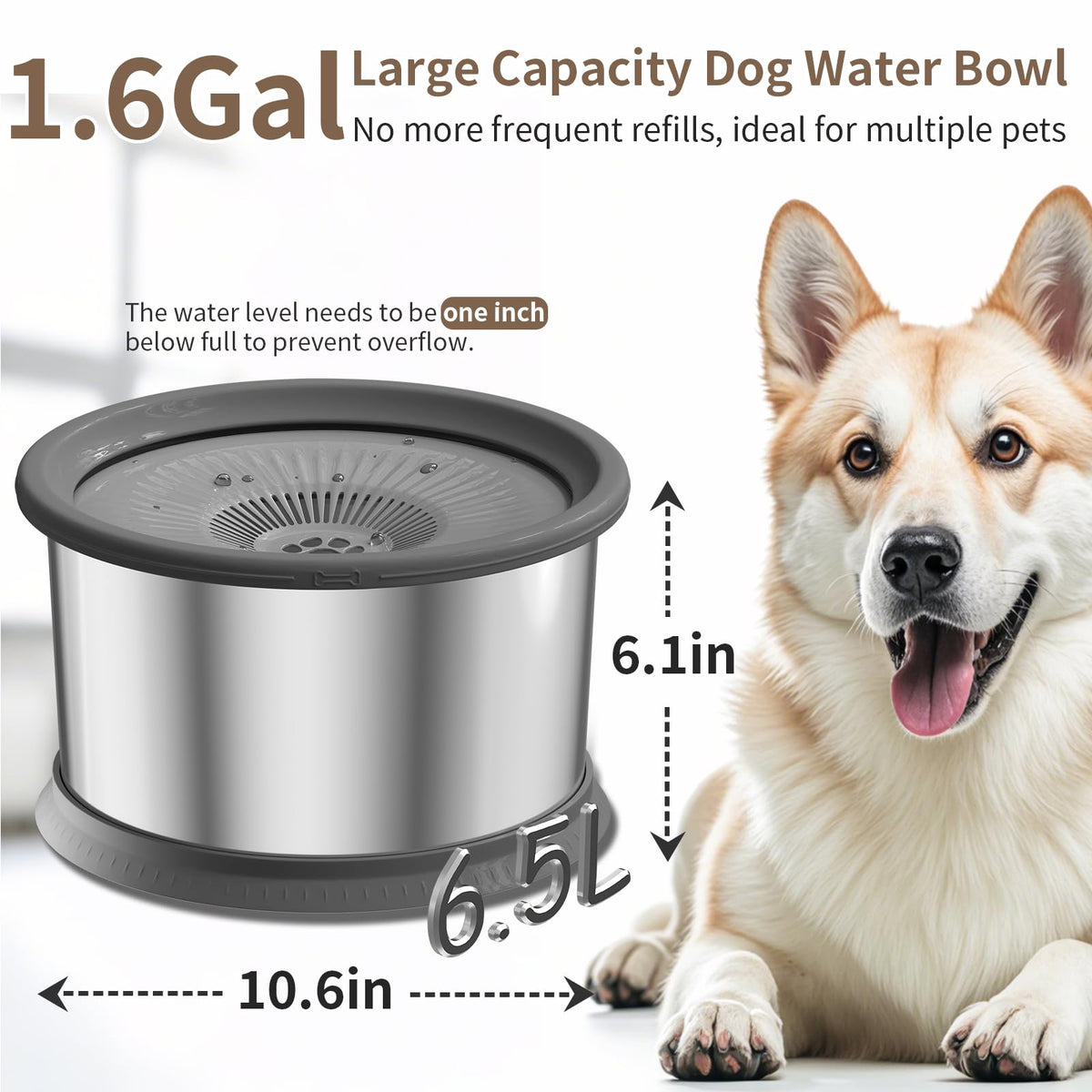 6.5L Dog Water Bowl No Spill 1.6 Gallon Stainless Steel Water Bowl for Dogs 220oz Large Capacity No Splash Slow Drinking Feeder with Anti
