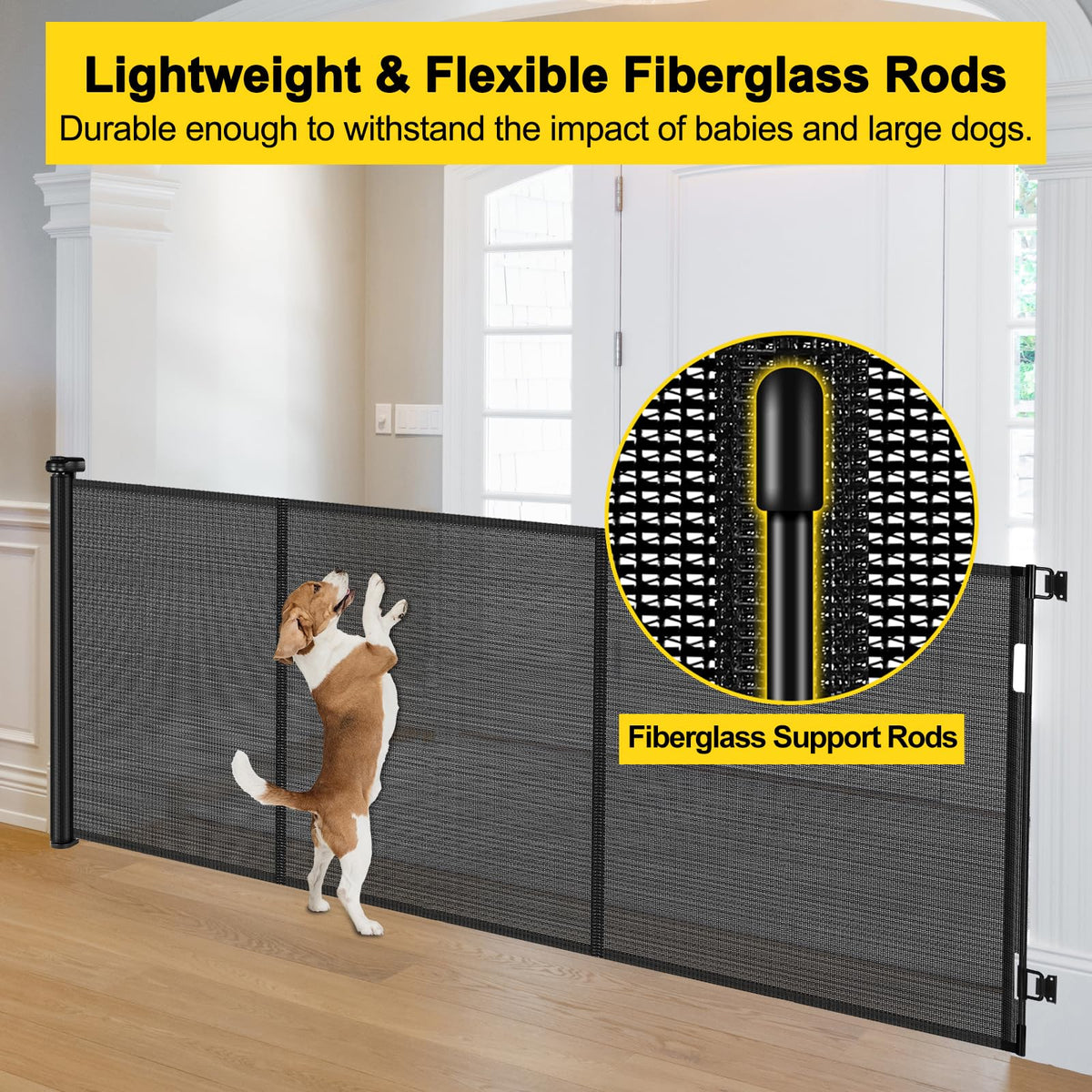 Reinforced 42” Tall x 160” Extra Wide Retractable Baby Gates with Rods (Black / Reinforced 42" Tall X 160" Wide)
