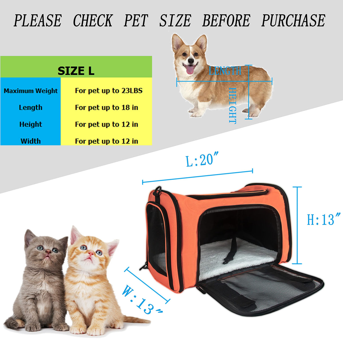 Soft Sided Carrier for Small Medium Cats Dogs (20.0"L x 13.0"W x 13.0"H / Orange)