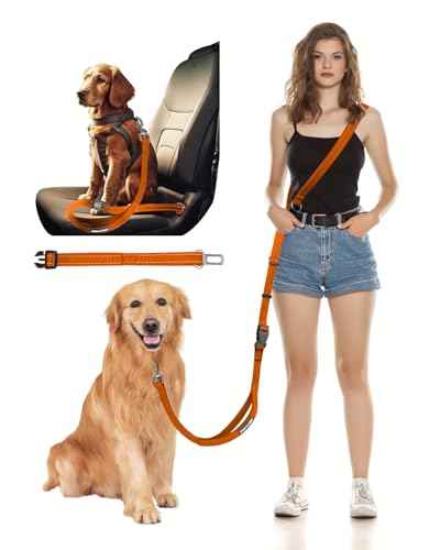 Hands Free Dog Leash with Seatbelt Set (Orange (Detachable) / 71-110‘’)