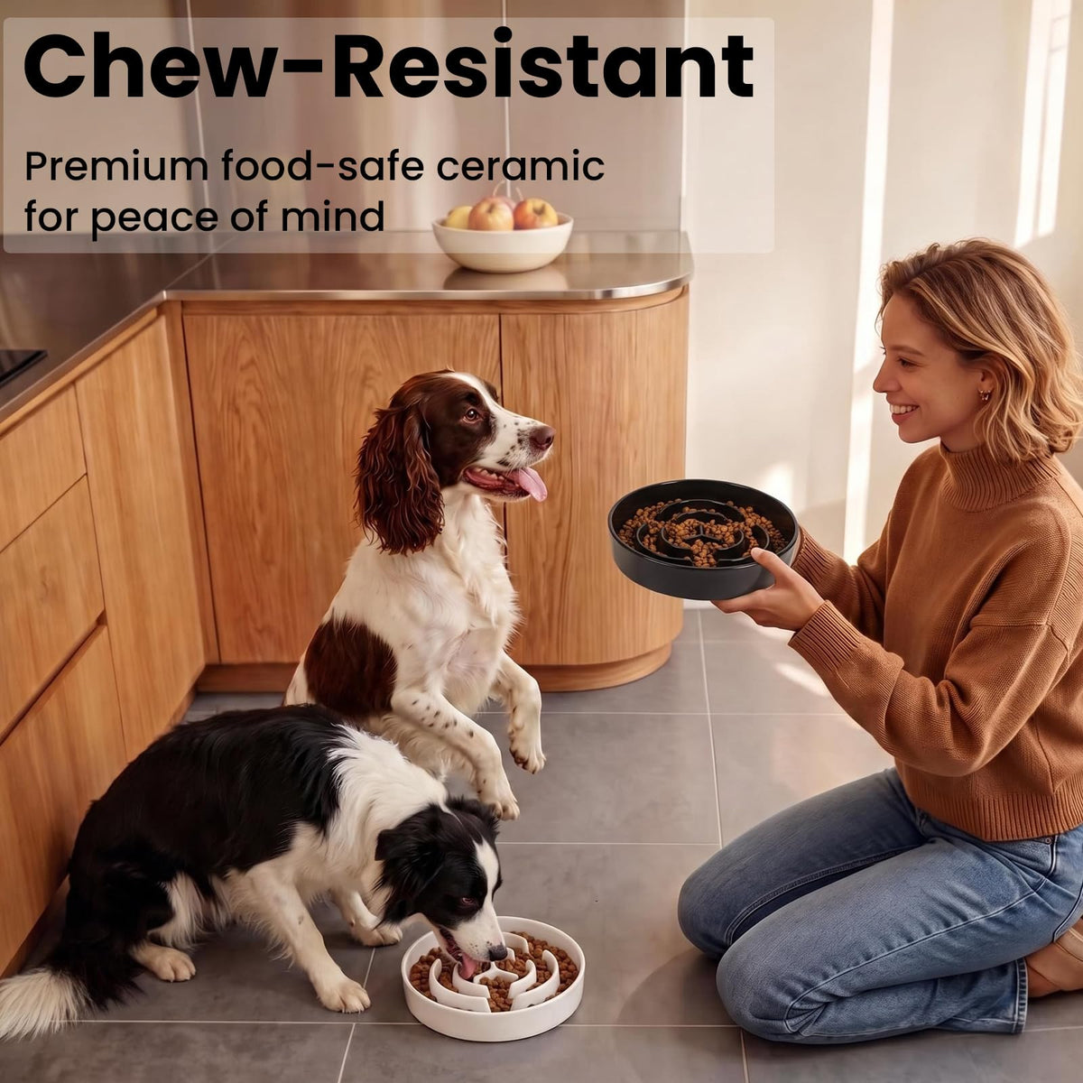 2 Pack Ceramic Slow Feeder Dog Bowls 1.6 Cups for Medium & Small Fast Eater (White + Black / 2 Pack M - 1.6 Cups)