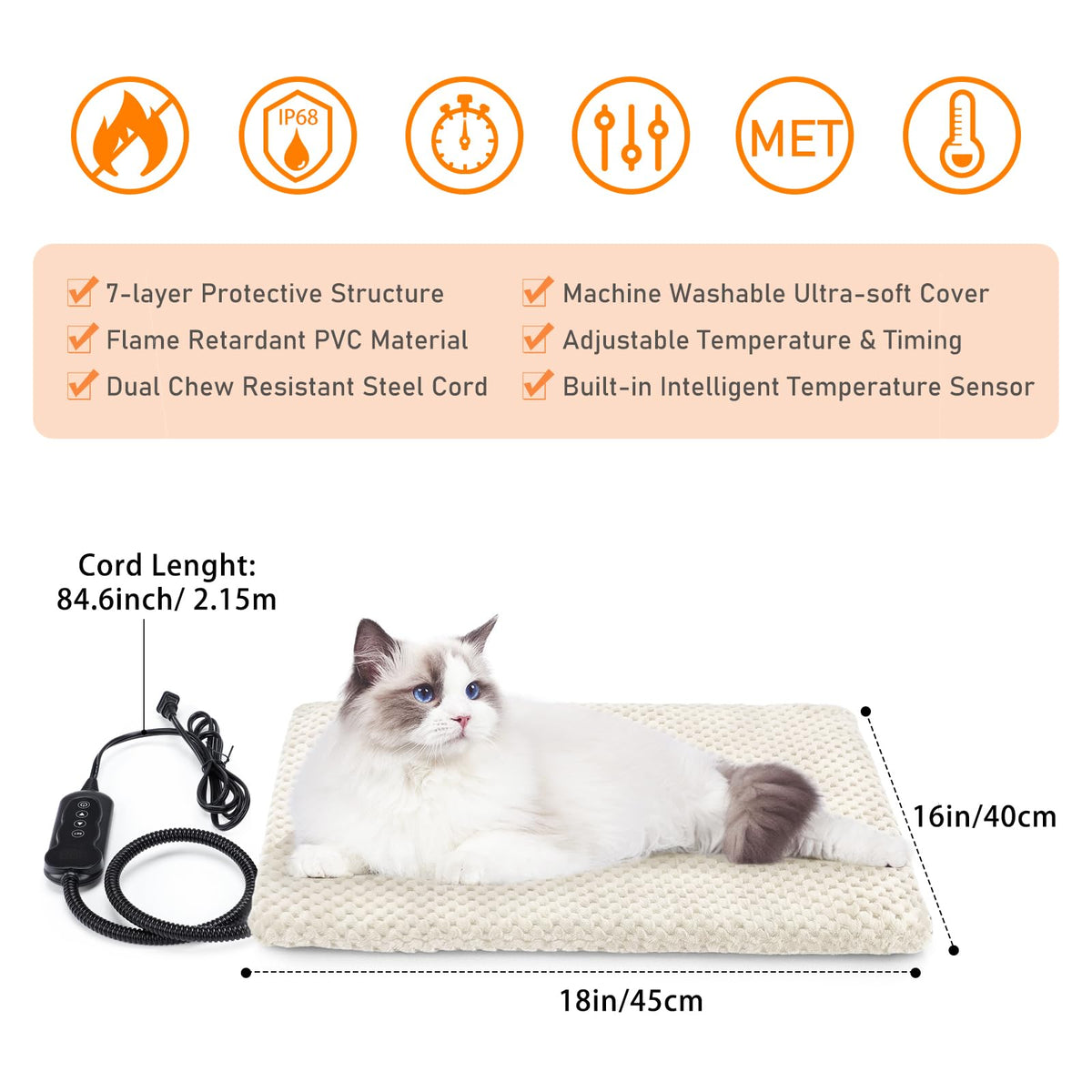 Heated Cat Bed (S: 18" x 16" / Beige)