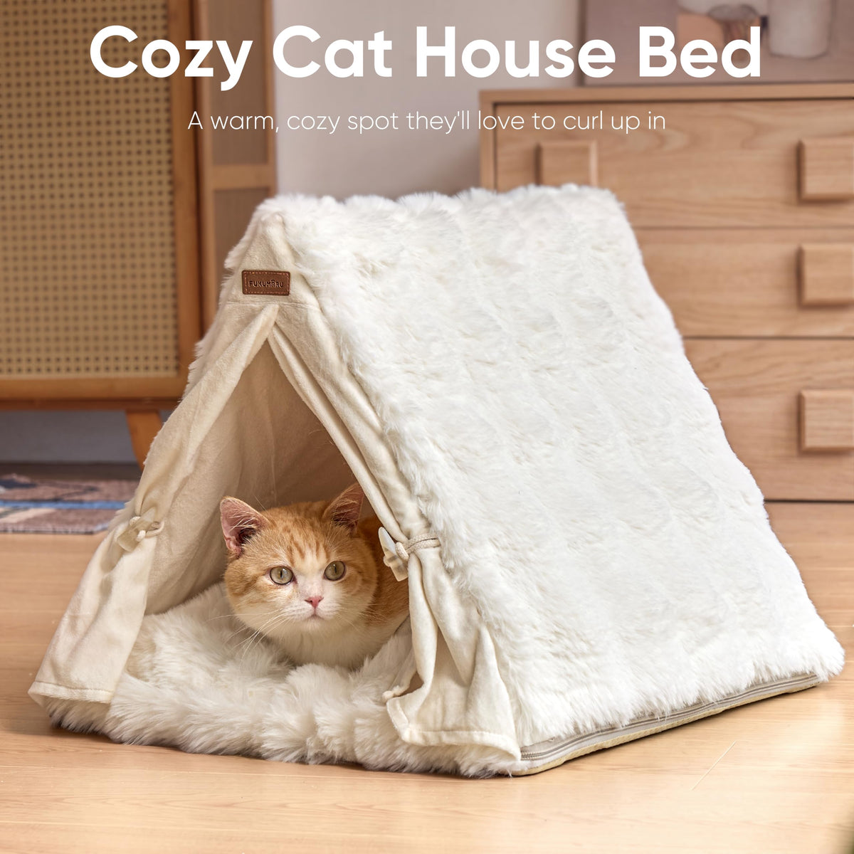 Cat Cave Bed Sturdy Frame Washable Cat Tent Bed with Curtain (Cream / 20"L x 20"W x 17"Th)