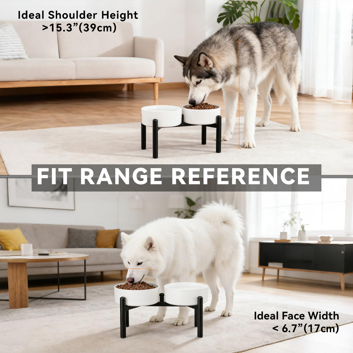 Raised Ceramic Dog Bowl Set with Stand (Dark Gray / 2 Bowls - 7.5 Cups Each)
