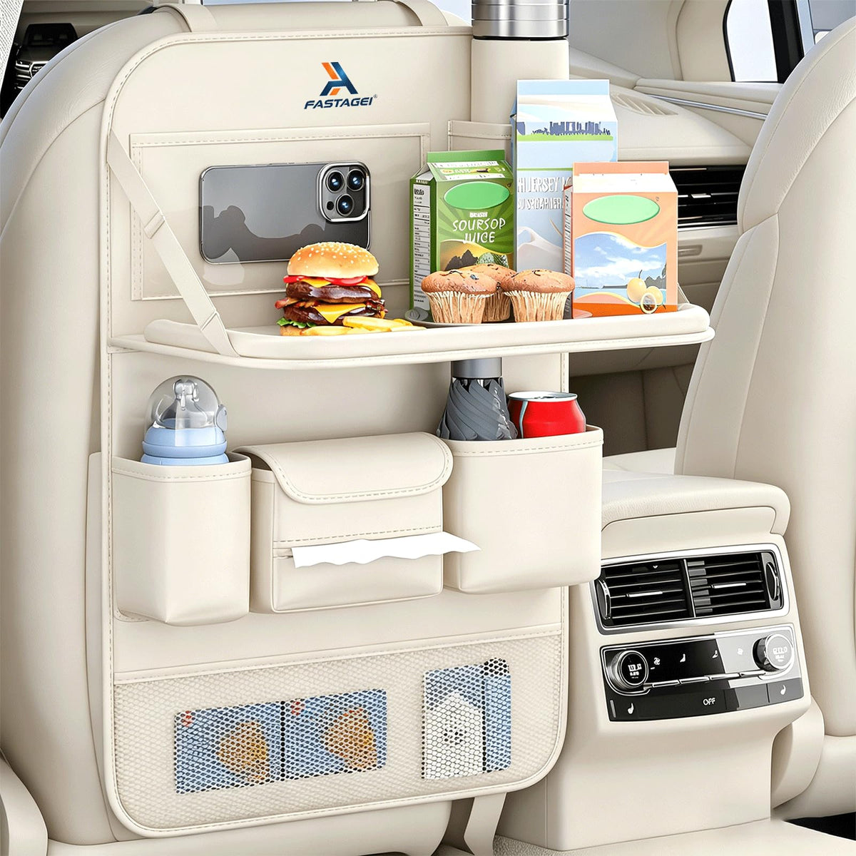 Universal Foldable Car Backseat Organizer with Table Tray (1 Pack / Beige)