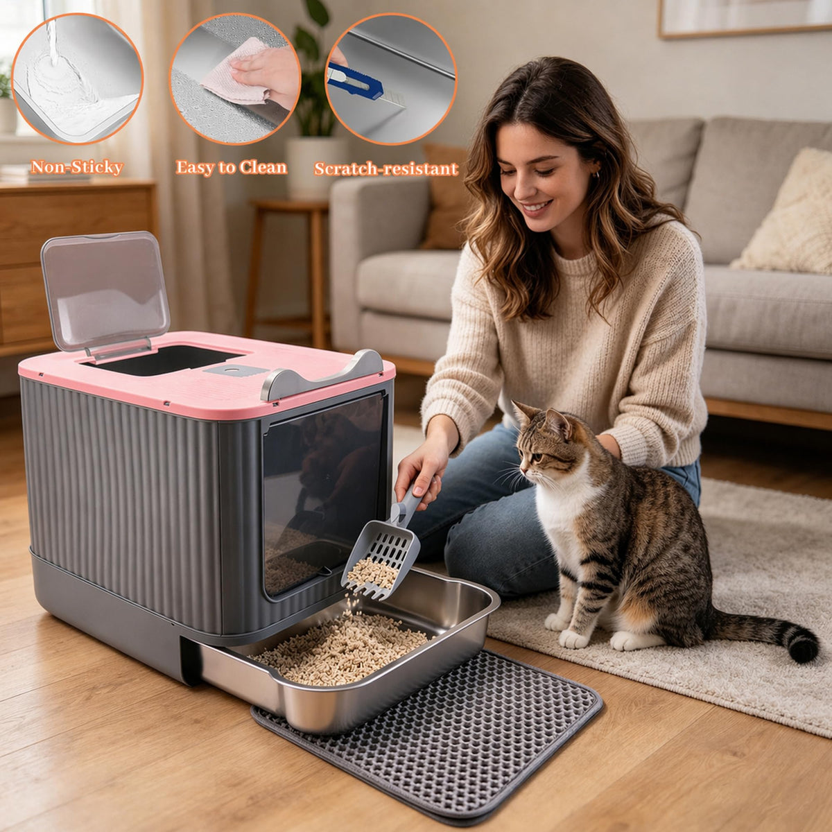 Stainless Steel Cat Litter Box Enclosed (Pink)