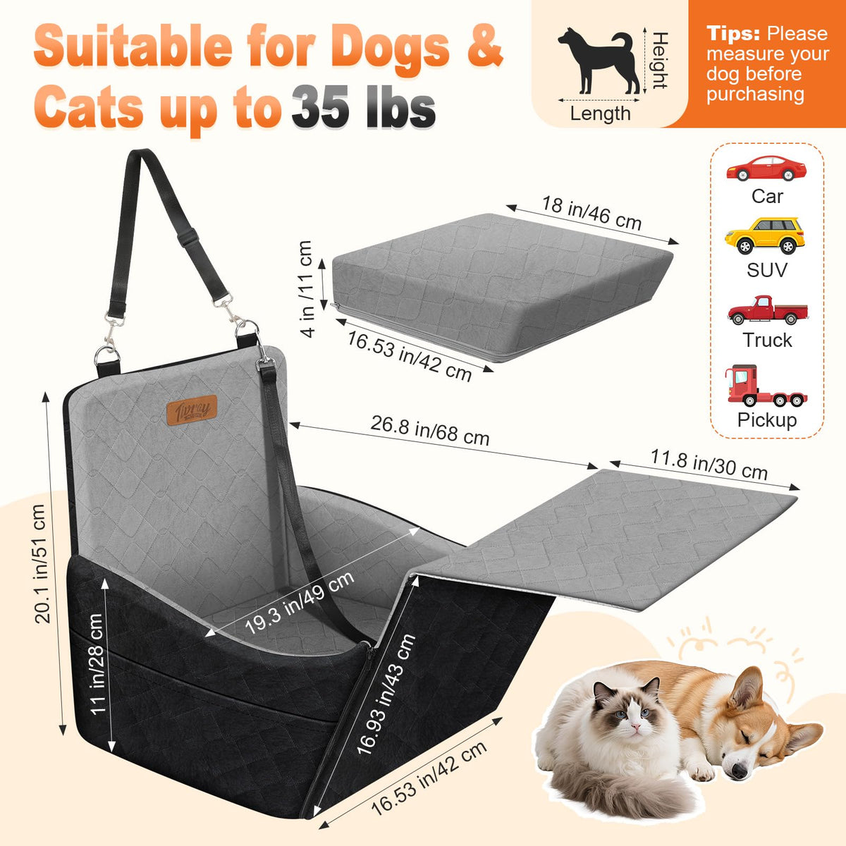 Elevated Dog Car Seat for Small and Medium Dogs Up to 35 lb (Black & Gray / Single Seat)
