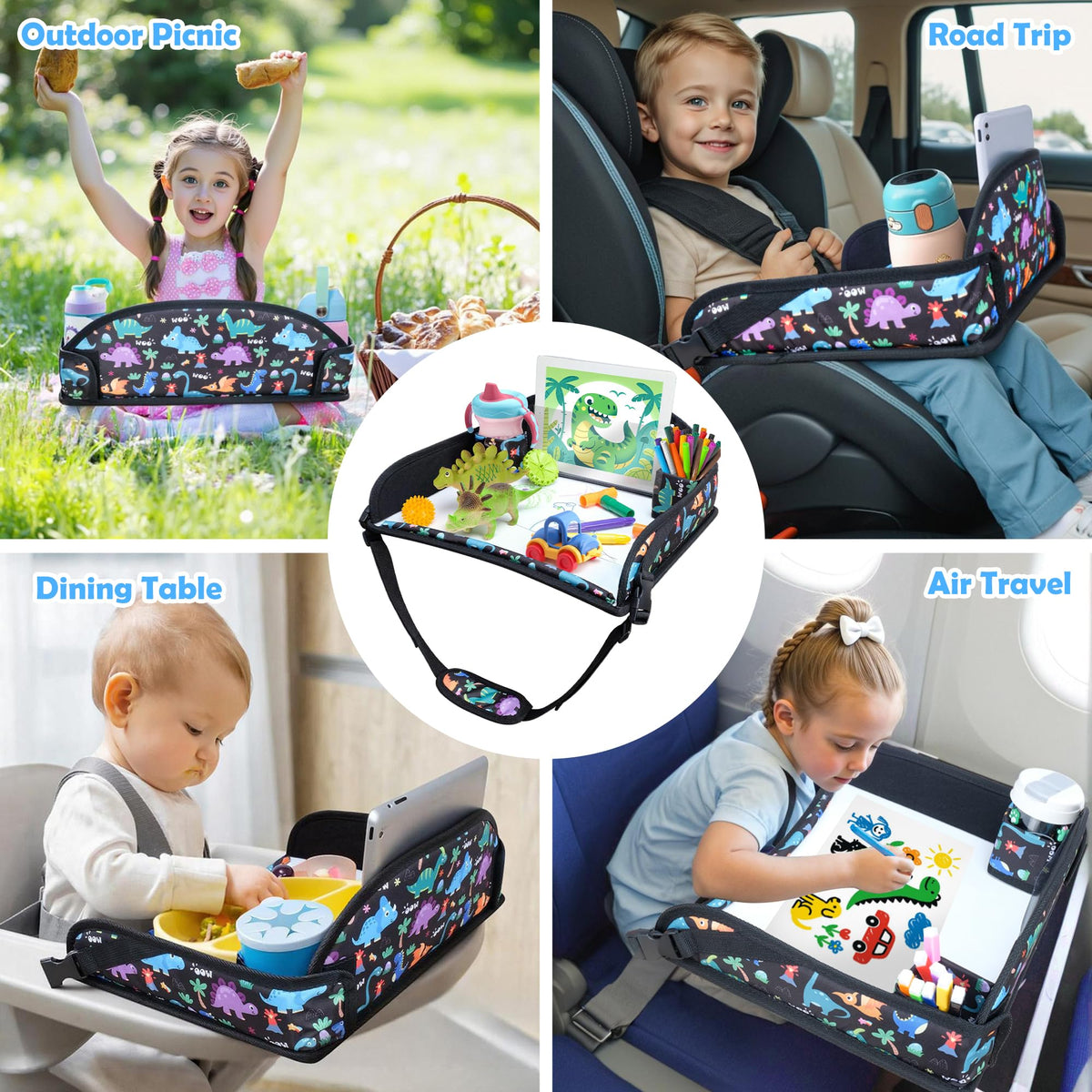 Kids Travel Tray for Carseat for Road Trip Activities (Dinosaur)