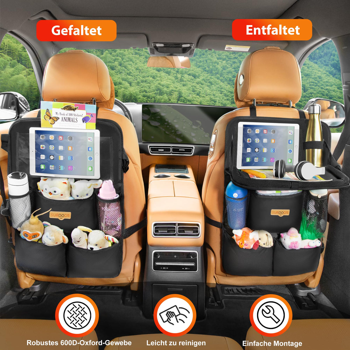 Backseat Car Organizer with Foldable Tray for Kids & Adults (Black (2 Pack))