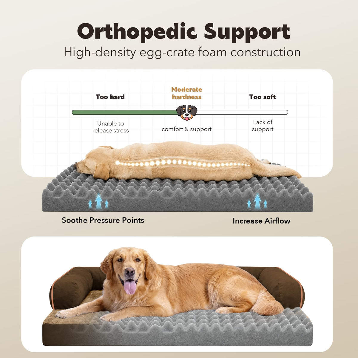 Orthopedic Waterproof Jumbo Dog Bed with Bolster for Extra Large Dogs (53.0"L x 42.0"W x 8.0"Th / Brown)