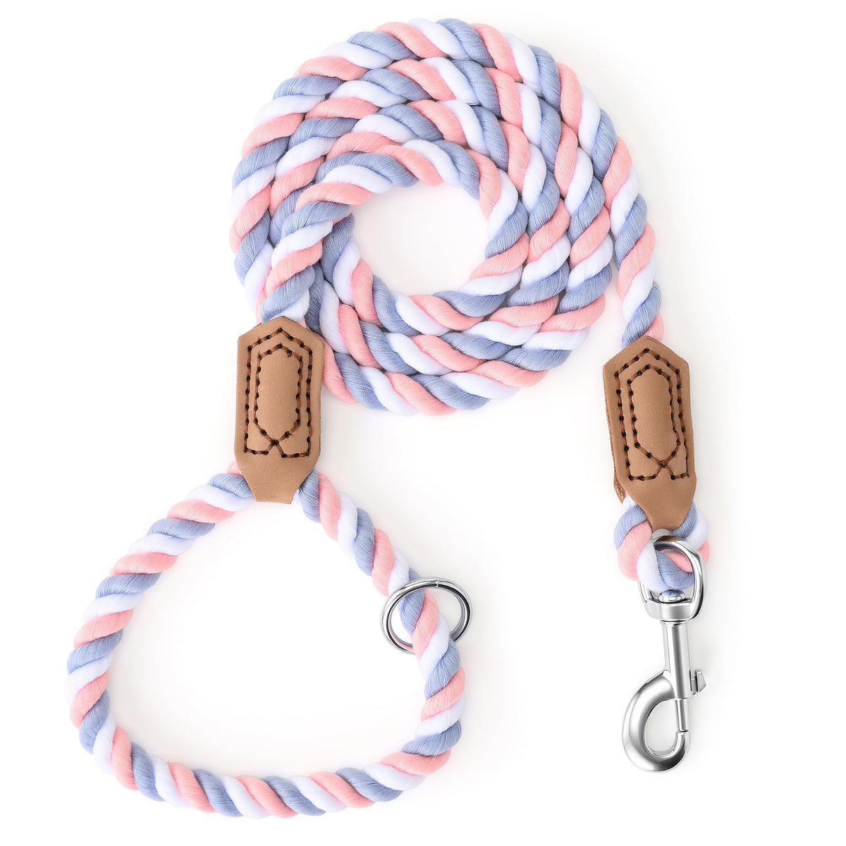 Rainbow Dog Leash Braided Cotton Rope w Leather (Pink/Purple / 72 Inch-1/2")