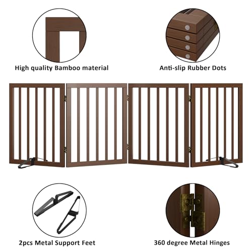 Wooden Dog Gate Freestanding Foldable 4 Panel Pet Gates Extra Wide Dog Gates for Indoor Doorways Stairs 24in Height Support Feet Included (Dark Brown / 4 Panel - 74 inches Wide)