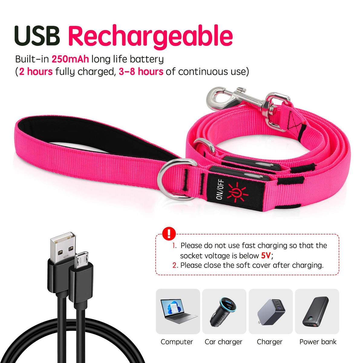 LED Light Up Dog Leash (Pink / 6 Ft)