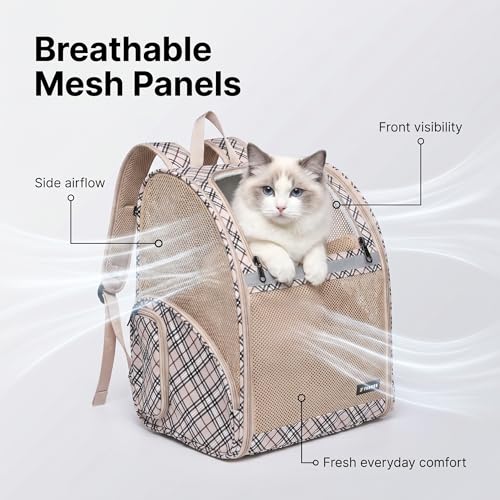 Cat Backpack Carrier for Small Dogs and Medium cat Puppy Kitten Bunny Pet Carrier Backpack Collapsible with Fully Ventilated Mesh with Safety Leash (Khaki / 12.9"L x 10.62"W x 15.5"H)