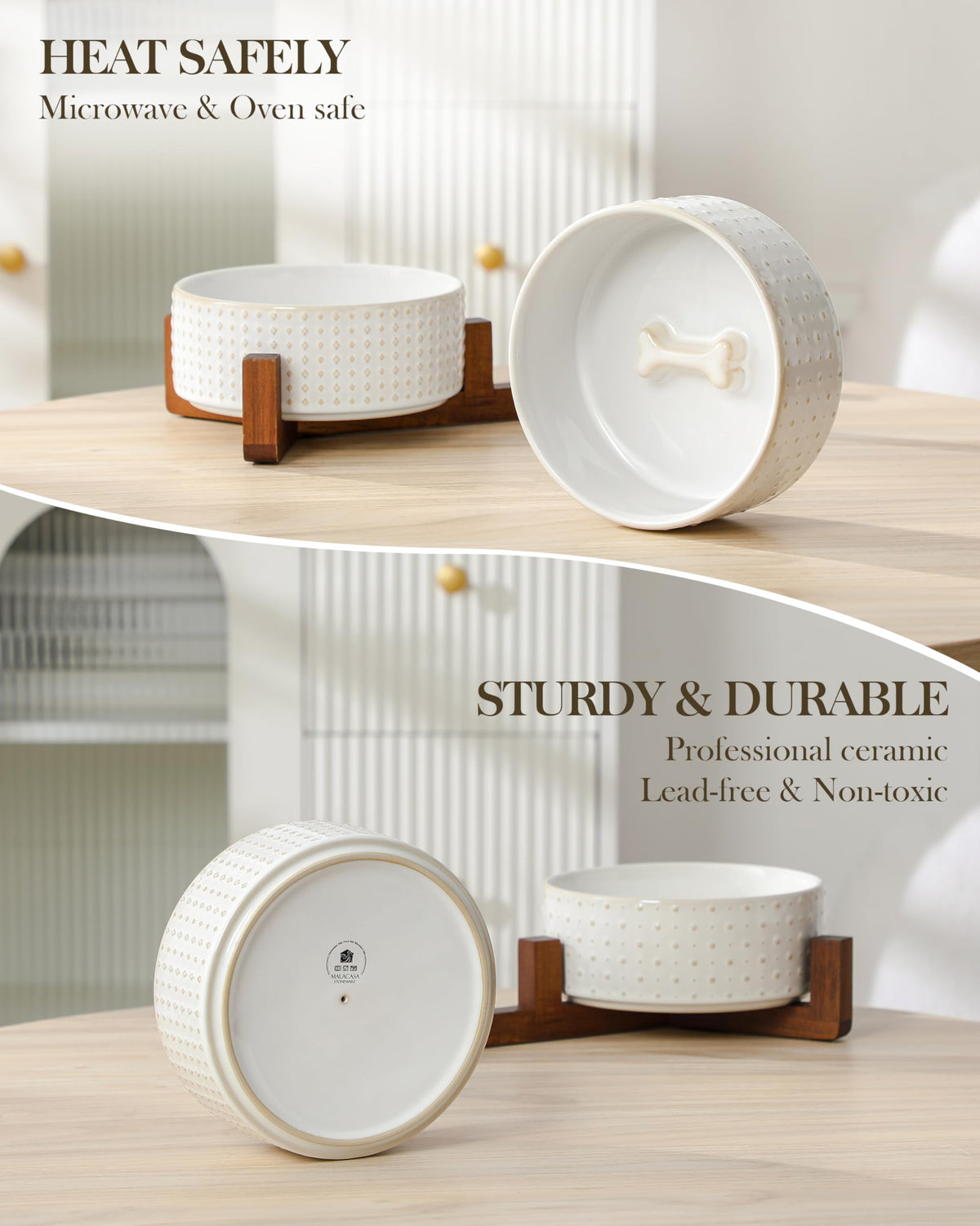Dog Bowl Set Ceramic Bowls with Walnut Wood Stand (Rhombic+Polka Dots / 4 Cups)